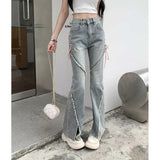 Vevesc Streetwear Women Jeans Korean Retro Tassel Split Flared Pants Casual All Match Female High Waist Straight Denim Trousers