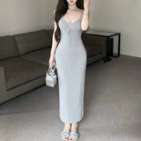 Vevesc 2024 Summer New V-neck Lace Up Sexy Slim Solid Color Knit Sling Dress Women + Loose Casual Long-sleeved Cardigan Two-piece Suit