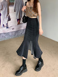 Vevesc Black Denim Long Skirt Women Vintage High Waist Split Bodycon Ruffles Pencil Mermaid Midi Skirt Summer Japanese Fashion