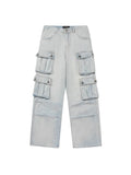 Vevesc Y2K Blue Cargo Jeans Women Vintage Streetwear Multiple Pockets Denim Pants Oversized High Street Hip Hop Baggy Trousers