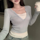 Vevesc Vintage Contrast Color Patchwork Threaded Long-sleeved T-shirt Women Autumn New Fake Two-piece Sexy Slim Button Crop Tops