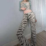 Vevesc Zebra Print Flare Pant Low Waist Drawstring Knit Pants Fashion Skinny Casual for Women Vintage Full-length Y2K Trousers