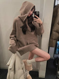 Vevesc Autumn Winter Loose Hooded Clothing Woman Korean Fashion Knitted Sweater Casual Outwear Pure Color Elegant Pullover Chic