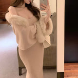 Vevesc Winter New Korean Plush Splicing Loose Casual Long-sleeved Cardigan Women + Sexy Knitted Chain Sling Dress Two-piece Suit