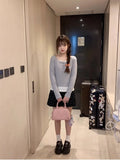 Vevesc Korean Fashion Sweet Long Sleeve T-Shirt Women Y2K Fairycore Fake Two Piece Gray Tees Harajuku Gentle Slim Pullover Top
