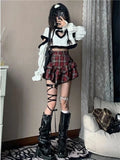 Vevesc Red Plaid Pleated Skirt Women Summer Harajuku Gothic Y2k Skirt Streetwear Vintage Double Layer Chain Punk Female Outfits