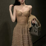 Vevesc 2024 Spring New Korean Sexy Lace Camisole Women + Patchwork Jacket + Loose Pleated Mesh Cake Skirt Three-piece Suit