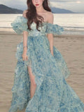 Vevesc Summer Vintage Fairy Floral Dress Women Casual Princess Long Split Dress Female Elegant Korean Evening Party Dress Ruffles