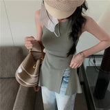 Vevesc High Street Fashion All Match Knitted Camisole Women 2024 Spring New Korean Asymmetric Sexy Slim Split Solid Color Tops
