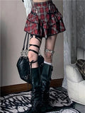 Vevesc Red Plaid Pleated Skirt Women Summer Harajuku Gothic Y2k Skirt Streetwear Vintage Double Layer Chain Punk Female Outfits