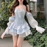 Vevesc Off-shoulder Bow Lace Up Sexy Slim Long-sleeved Dress Women 2023 Autumn New Japanese Contrast Color Patchwork Cute Party Dress