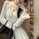 Vevesc 2024 Spring New O-neck Bow Lace-up Hollow Solid Color Long-sleeved Cardigan Women + Casual Pleated A-line Skirt Two-piece Suit