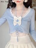 Vevesc Summer Blue France Kawaii Blouse Female 2024 Lace Bow Casual Cute Sweet Blouse Women Long Sleeve Top Korean Style Clothing 2022