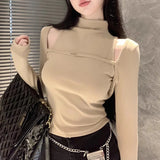 Vevesc Autumn New Streetwear Solid Color All Match Long-sleeved T-shirt Women + High Collar Sexy Slim Camisole Two-piece Suit
