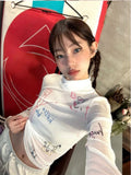 Vevesc Turtleneck Long Sleeve Cartoon Letter Print Tees Korean Ins Vintage All Match Women T-Shirt Harajuku Casual Fashion Crop Top Y2k