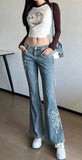 Vevesc Y2K Women Vintage Sweet Blue Flare Jeans Harajuku Butterfly embroidery Straight Trousers High Waist Denim Female Kawaii Clothes