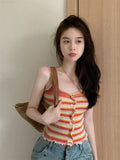 Vevesc Button Striped Crop Top Korean Vintage Women Slim Chic Kawaii Tanks Y2k Aesthetic Harajuku Streetwear Camisoles