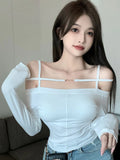 Vevesc Sexy Crop Tops Tees Spring Slim Fit Slash Neck With Bare Shoulders Bare Back Solid Color Full Sleeve Women Short T-Shirts