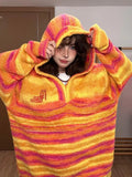 Vevesc Hooded Fashion Knitted Striped Clashing Pullover Sweaters Women Casual Loose Long Sleeve Jumper Vintage Female Streetwear