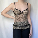 Vevesc Vintage Fashion Y2K Mesh Top Leopard Lace Spliced Ruffles Transparent Sexy Camisole Tops Summer Women Clubwear Ruched
