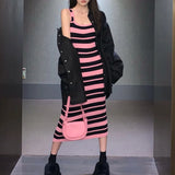 Vevesc 2024 Spring New Streetwear Contrast Striped Sexy Knitted Sling Dress Women + Loose Casual Long-sleeved Shirt Two-piece Suit