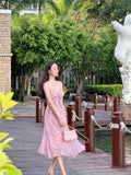 Vevesc Pink Print Elegant Fairy Dress Women Chiffon Sweet Vintage Beach Midi Dress Female Ruffle Casual Korean Style Strap Dress