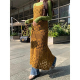 Vevesc 2024 Spring New Streetwear Hollow Sexy Knitted Sling Dress Women + Solid Color Casual Long-sleeved T-shirt Two-piece Suit