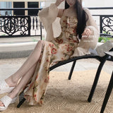 Vevesc 2024 Spring New Korean Floral Print Ruffled Elegant Sling Dress Women + Loose Casual Long-sleeved Cardigan Two-piece Suit