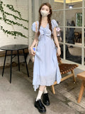 Vevesc Summer Sweet Girly Holiday Style V-Neck Bow Kawaii A-Line Temperament Puff Sleeve Mid-Calf Dresses Tender Fairy Dress