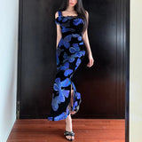 Vevesc Korean Contrast Color Butterfly Print Casual Sling Dress Women 2024 Summer New Off-shoulder Sexy Split Elegant Mid-length Dress