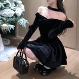 Vevesc Off-shoulder Sexy Slim Velvet Black Long-sleeved Dress Women 2024 Spring New Korean Fashion Bow Pleated Halter Party Dress