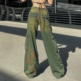 Vevesc Grunge Fairycore Cargo Pants Denim Y2K Aesthetic Chic Dragon Embroidery Women Jeans Baggy Distressed Chic Trousers