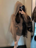 Vevesc Autumn Winter Loose Hooded Clothing Woman Korean Fashion Knitted Sweater Casual Outwear Pure Color Elegant Pullover Chic