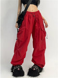 Vevesc Cyber Y2K Red Parachute Pants Women Kpop Streetwear Gray Cargo Trousers Oversized Egirl Punk Black Wide Leg Pantalones