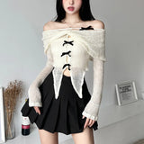 Vevesc Apricot Gentle Sweet Mature Mature Beautiful Sexy All-match Casual Women Autumn One-line Collar Knitted Mesh Dovetail Top