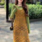 Vevesc 2024 Spring New Streetwear Hollow Sexy Knitted Sling Dress Women + Solid Color Casual Long-sleeved T-shirt Two-piece Suit
