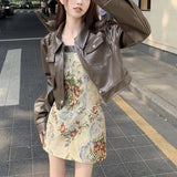 Vevesc 2024 Spring New Streetwear Floral Printed Sexy Slim Suspender Dress Women +Solid Color Casual Long-sleeved Jacket Two-piece Suit