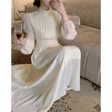 Vevesc Korean Pleated Solid Color Elegant Long-sleeved Dress Women 2024 Spring New Half-high Neck Loose Casual Mid-length Party Dress