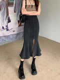 Vevesc Black Denim Long Skirt Women Vintage High Waist Split Bodycon Ruffles Pencil Mermaid Midi Skirt Summer Japanese Fashion