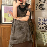 Vevesc Y2k Vintage Hollow Knitted Suspender Dress Women 2024 Spring New Solid Color All-match Irregular Sleeveless Dress