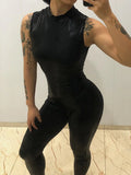 Vevesc Summer Sexy Women Sleeveless One Piece Black Leather PU Jumpsuit Sporty Romper Bodycon Playsuit Overalls Female