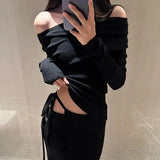 Vevesc 2024 Spring New Off-shoulder Pleated Sexy Slim Long-sleeved T-shirt Women + Asymmetric Lace-up Split Black Skirt Two-piece Suit