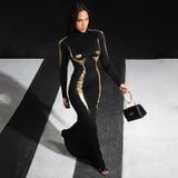 Vevesc Metallic 3D Body Print Black Evening Dress Elegant Turtleneck Long Sleeve Maxi Dresses Women Fall Winter Bodycon