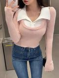 Vevesc Fashion Fake Two Pieces Turn Down Collar Women's Crop Top Slim Sweet Y2k Bottoming Sweaters Patchwork Casual Pullovers Japanese