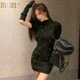 Vevesc Streetwear Beaded Solid Color Puff Sleeve Dress Women 2024 Spring New Half High Neck Sexy Slim Knitted Mini Dress with Sleeves