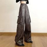 Vevesc Brown Classic  leather Retro All-match Casual High Street Fashionable Cool Confident Youth Hip-hop Women Autumn Straight Leg Pants