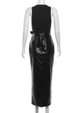 Vevesc Fashion Sexy Sleeveless Bandage PU Leather Patchwork Long Dress 2024 Woman Clothing V-neck High Waist Bodycon Black Vest Dresses