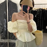 Vevesc Summer Blouse Female French Vintage Temperament Blusa Slash Neck Sexy Off Shoulder Waist Slim Puff Sleeves Short Shirts