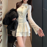 Vevesc 2024 Spring New O-neck Bow Lace-up Hollow Solid Color Long-sleeved Cardigan Women + Casual Pleated A-line Skirt Two-piece Suit
