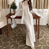 Vevesc V-neck Mesh Splicing Hollow Sexy Long-sleeved Dress Women 2024 Spring New Korean Solid Color Elegant Knitted Dress with Scarf